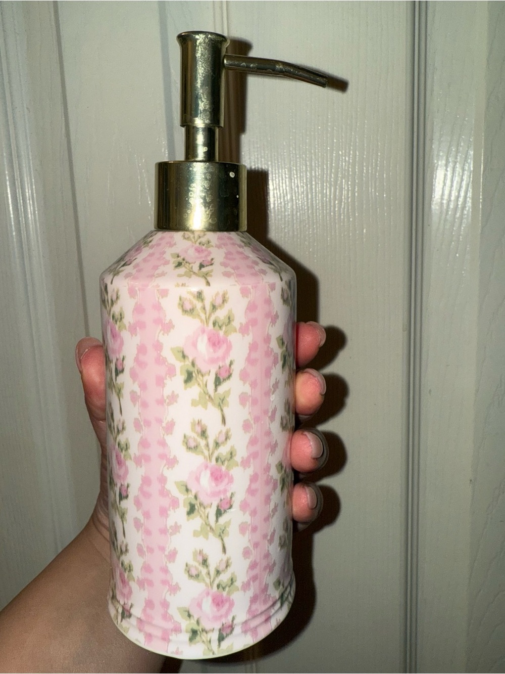 LoveShackFancy Pink Floral Ceramic Soap Dispenser with Gold Pump